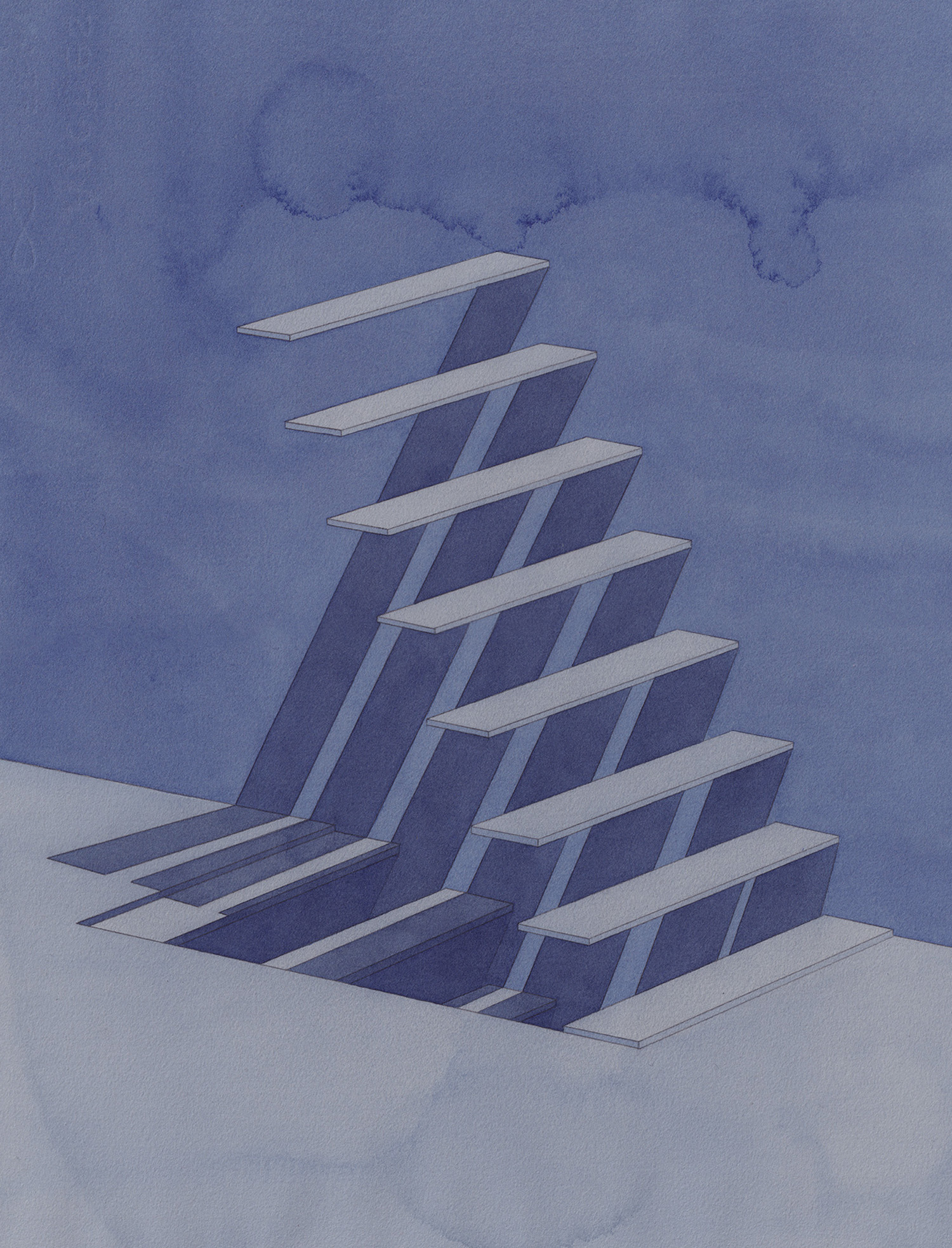 Kristīne Upīte / Kristine Upite – Stairs Blue · watercolor, graphite on paper · 36x27cm · 2025